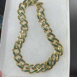 Vintage large chain link necklace green glittery enamel necklace.